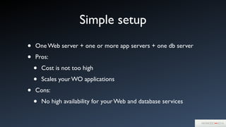 Simple setup
• One Web server + one or more app servers + one db server	

• Pros:	

• Cost is not too high	

• Scales your WO applications	

• Cons:	

• No high availability for your Web and database services
 