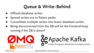 Queue & Write-Behind 
● Offload database writes 
● Spread writes out to flatten peaks 
● Consolidate multiple writes into fewer database writes 
● Being disconnected from the DB will let the frontend keep 
running if the DB is down! 
2014-07-24 High-Availability: cache and queue 
 