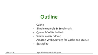 Outline 
• Cache 
• Simple example & Benchmark 
• Queue & Write behind 
• Simple worker demo 
• Amazon Web Services for Cache and Queue 
• Scalability 
2014-07-24 High-Availability: cache and queue 
 