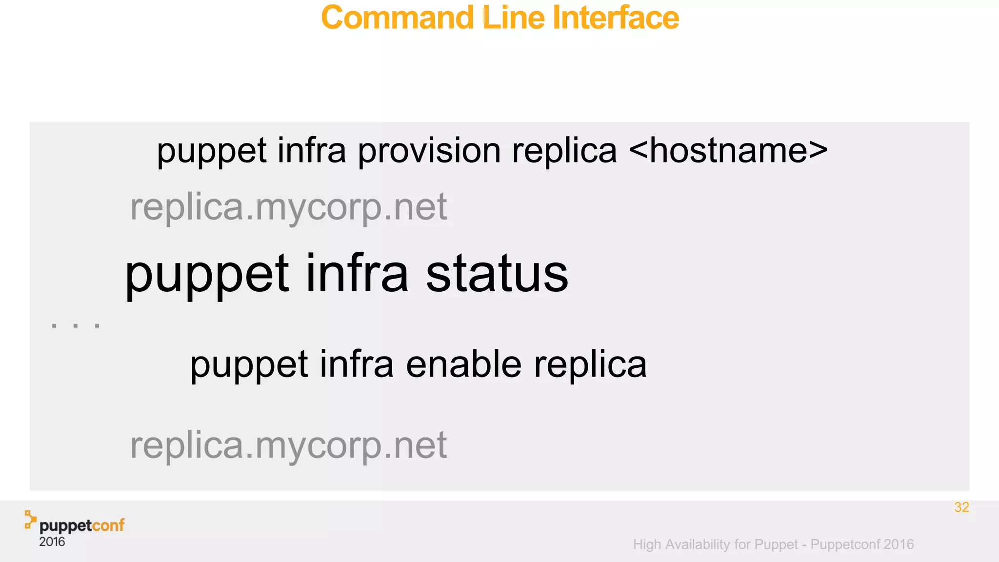 High Availability for Puppet - Puppetconf 2016
Command Line Interface
32
puppet infra provision replica <hostname>
replica.mycorp.net
puppet infra enable replica
replica.mycorp.net
puppet infra status
. . .
 