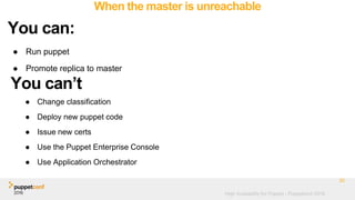 High Availability for Puppet - Puppetconf 2016
When the master is unreachable
● Run puppet
● Promote replica to master
30
You can:
You can’t
● Change classification
● Deploy new puppet code
● Issue new certs
● Use the Puppet Enterprise Console
● Use Application Orchestrator
 