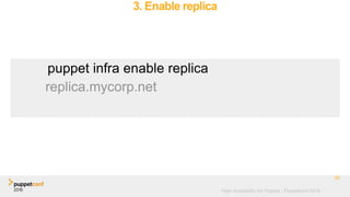 High Availability for Puppet - Puppetconf 2016
3. Enable replica
35
puppet infra enable replica
replica.mycorp.net
 