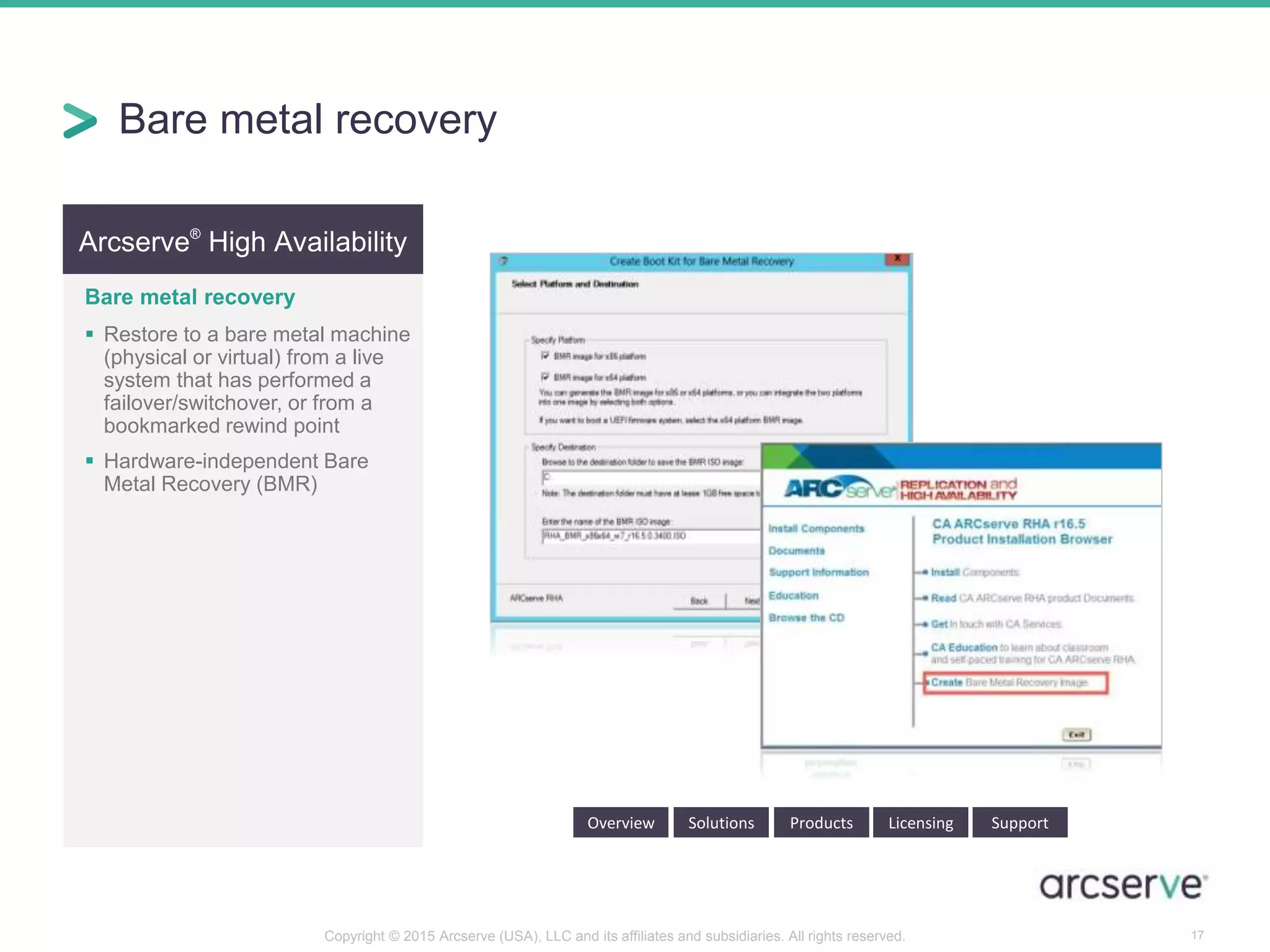 Arcserve®
High Availability
Bare metal recovery
 Restore to a bare metal machine
(physical or virtual) from a live
system that has performed a
failover/switchover, or from a
bookmarked rewind point
 Hardware-independent Bare
Metal Recovery (BMR)
Overview Solutions Products Licensing Support
Bare metal recovery
17Copyright © 2015 Arcserve (USA), LLC and its affiliates and subsidiaries. All rights reserved.
 