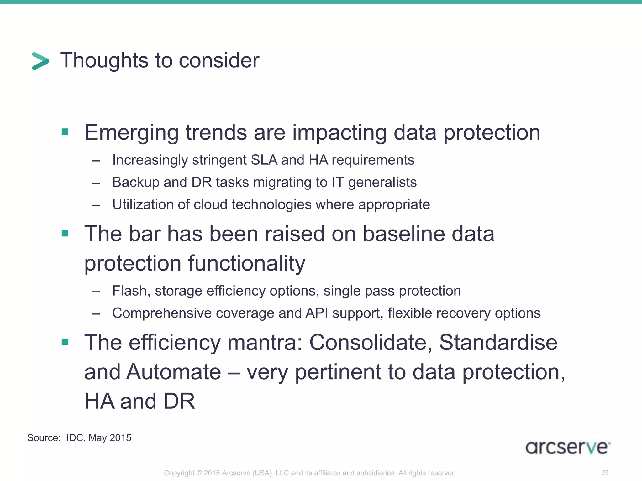 Thoughts to consider
25
 Emerging trends are impacting data protection
– Increasingly stringent SLA and HA requirements
– Backup and DR tasks migrating to IT generalists
– Utilization of cloud technologies where appropriate
 The bar has been raised on baseline data
protection functionality
– Flash, storage efficiency options, single pass protection
– Comprehensive coverage and API support, flexible recovery options
 The efficiency mantra: Consolidate, Standardise
and Automate – very pertinent to data protection,
HA and DR
Source: IDC, May 2015
Copyright © 2015 Arcserve (USA), LLC and its affiliates and subsidiaries. All rights reserved.
 