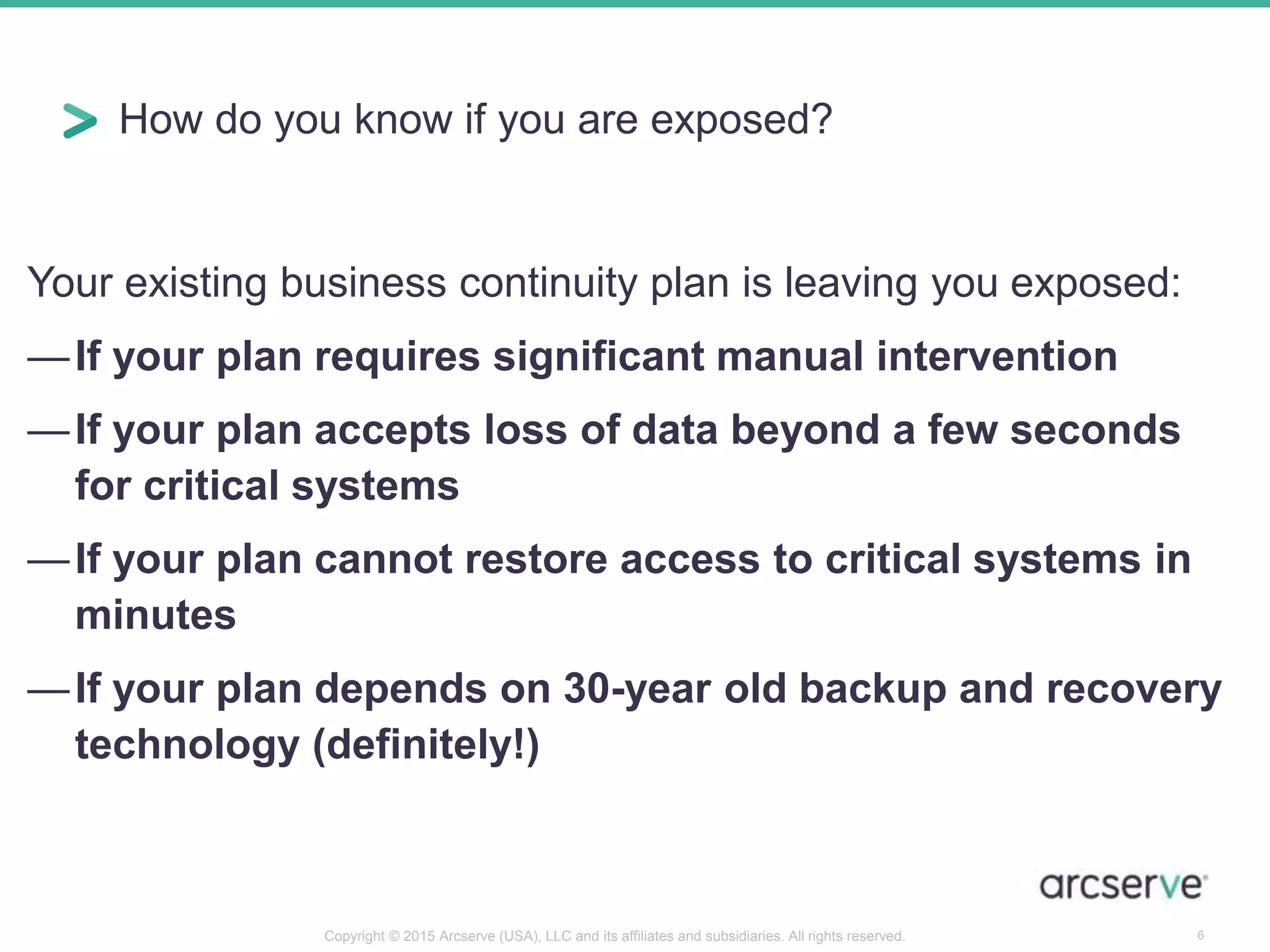 How do you know if you are exposed?
Your existing business continuity plan is leaving you exposed:
—If your plan requires significant manual intervention
—If your plan accepts loss of data beyond a few seconds
for critical systems
—If your plan cannot restore access to critical systems in
minutes
—If your plan depends on 30-year old backup and recovery
technology (definitely!)
6Copyright © 2015 Arcserve (USA), LLC and its affiliates and subsidiaries. All rights reserved.
 