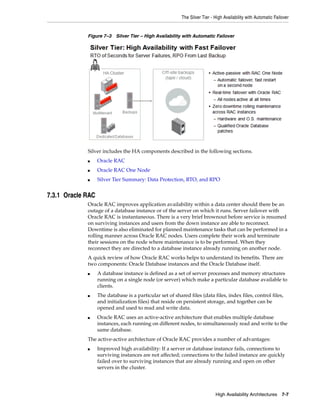The Silver Tier - High Availability with Automatic Failover
High Availability Architectures 7-7
Figure 7–3 Silver Tier – High Availability with Automatic Failover
Silver includes the HA components described in the following sections.
■ Oracle RAC
■ Oracle RAC One Node
■ Silver Tier Summary: Data Protection, RTO, and RPO
7.3.1 Oracle RAC
Oracle RAC improves application availability within a data center should there be an
outage of a database instance or of the server on which it runs. Server failover with
Oracle RAC is instantaneous. There is a very brief brownout before service is resumed
on surviving instances and users from the down instance are able to reconnect.
Downtime is also eliminated for planned maintenance tasks that can be performed in a
rolling manner across Oracle RAC nodes. Users complete their work and terminate
their sessions on the node where maintenance is to be performed. When they
reconnect they are directed to a database instance already running on another node.
A quick review of how Oracle RAC works helps to understand its benefits. There are
two components: Oracle Database instances and the Oracle Database itself.
■ A database instance is defined as a set of server processes and memory structures
running on a single node (or server) which make a particular database available to
clients.
■ The database is a particular set of shared files (data files, index files, control files,
and initialization files) that reside on persistent storage, and together can be
opened and used to read and write data.
■ Oracle RAC uses an active-active architecture that enables multiple database
instances, each running on different nodes, to simultaneously read and write to the
same database.
The active-active architecture of Oracle RAC provides a number of advantages:
■ Improved high availability: If a server or database instance fails, connections to
surviving instances are not affected; connections to the failed instance are quickly
failed over to surviving instances that are already running and open on other
servers in the cluster.
 