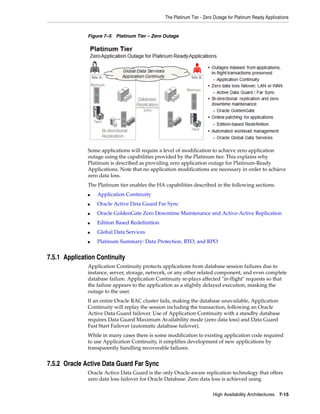 The Platinum Tier - Zero Outage for Platinum Ready Applications
High Availability Architectures 7-15
Figure 7–5 Platinum Tier – Zero Outage
Some applications will require a level of modification to achieve zero application
outage using the capabilities provided by the Platinum tier. This explains why
Platinum is described as providing zero application outage for Platinum-Ready
Applications. Note that no application modifications are necessary in order to achieve
zero data loss.
The Platinum tier enables the HA capabilities described in the following sections.
■ Application Continuity
■ Oracle Active Data Guard Far Sync
■ Oracle GoldenGate Zero Downtime Maintenance and Active-Active Replication
■ Edition Based Redefinition
■ Global Data Services
■ Platinum Summary: Data Protection, RTO, and RPO
7.5.1 Application Continuity
Application Continuity protects applications from database session failures due to
instance, server, storage, network, or any other related component, and even complete
database failure. Application Continuity re-plays affected "in-flight" requests so that
the failure appears to the application as a slightly delayed execution, masking the
outage to the user.
If an entire Oracle RAC cluster fails, making the database unavailable, Application
Continuity will replay the session including the transaction, following an Oracle
Active Data Guard failover. Use of Application Continuity with a standby database
requires Data Guard Maximum Availability mode (zero data loss) and Data Guard
Fast Start Failover (automatic database failover).
While in many cases there is some modification to existing application code required
to use Application Continuity, it simplifies development of new applications by
transparently handling recoverable failures.
7.5.2 Oracle Active Data Guard Far Sync
Oracle Active Data Guard is the only Oracle-aware replication technology that offers
zero data loss failover for Oracle Database. Zero data loss is achieved using
 