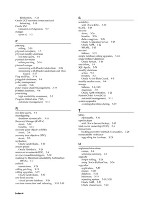 Index-4
Replication, 3-33
Oracle UCP run-time connection load
balancing, 3-18
Oracle VM
Domain Live Migration, 9-7
outages
types of, 1-3
P
patching
rolling, 3-19
physical corruption, 1-5
physical standby databases
real-time query, 9-3
planned downtime
online patching, 5-19
planned outages
minimizing with Oracle GoldenGate, 5-26
minimizing with Oracle GoldenGate and Data
Guard, 5-27
Plug and Play, 3-19
pluggable databases, 9-6
policy management
security, 3-26
policy-based cluster management, 3-19
portable databases, 9-6
prioritizing
high availability investment, 2-3
Program Global Area (PGA)
automatic management, 5-11
R
real-time query, 9-3
reconfiguring
databases dynamically, 5-10
Recovery Manager (RMAN)
about, 3-14
benefits, 3-14
recovery point objective (RPO)
about, 2-4
recovery time objective (RTO)
about, 2-3
replication
Oracle GoldenGate, 3-10
restore points
Oracle Flashback, 3-29
return on investment (ROI), 2-4
reverse crossedition triggers, 5-30
roadmap to Maximum Availability Architecture
(MAA), 1-7
rollback
transactions, 3-28
rolling patching, 3-19
rolling upgrades, 3-19
Oracle GoldenGate, 5-30
row level security
virtual private database, 3-26
run-time connection load balancing, 3-18, 3-19
S
scalability
with Oracle RAC, 3-19
SCAN, 3-19
security
about, 3-26
benefits, 3-26
data encryption, 3-26
Oracle Application Server, 7-19
Oracle ASM, 3-22
RMAN, 3-15
services
failover, 3-19
simple database rolling upgrades, 5-24
single-instance databases
Oracle Restart, 3-44
site failure, 1-4
SQL Apply, 5-24
standby databases
active, 9-3
benefits, 3-2
Oracle Active Data Guard, 9-3
standby reader farms, 9-4
storage
failures, 1-4, 3-21
migration, 5-8
Oracle ASM protection, 3-21
System Global Area (SGA)
automatic management, 5-11
system upgrades
avoiding downtime during, 5-19
T
tables
editionable, 5-30
tape backups
with Oracle Secure Backup, 3-15
total cost of ownership (TCO), 2-4
transactions
backing out with Flashback Transaction, 3-28
transportable tablespace
upgrading the database, 5-25
U
unplanned downtime
causes, 1-4
solutions summary, 4-1
upgrade
simple rolling, 5-24
using Oracle GoldenGate, 5-26
upgrades
application, 5-29
cluster, 5-20
database, 5-24
hardware, 5-19
operating system, 5-19, 5-20
Oracle ASM, 5-23
Oracle Clusterware, 5-23
 