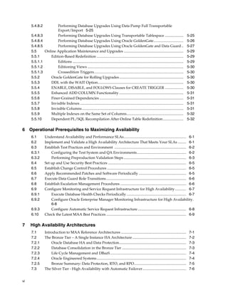 vi
5.4.8.2 Performing Database Upgrades Using Data Pump Full Transportable
Export/Import 5-25
5.4.8.3 Performing Database Upgrades Using Transportable Tablespace .................... 5-25
5.4.8.4 Performing Database Upgrades Using Oracle GoldenGate................................ 5-26
5.4.8.5 Performing Database Upgrades Using Oracle GoldenGate and Data Guard .. 5-27
5.5 Online Application Maintenance and Upgrades ................................................................ 5-29
5.5.1 Edition-Based Redefinition ............................................................................................. 5-29
5.5.1.1 Editions ....................................................................................................................... 5-29
5.5.1.2 Editioning Views ....................................................................................................... 5-30
5.5.1.3 Crossedition Triggers................................................................................................ 5-30
5.5.2 Oracle GoldenGate for Rolling Upgrades..................................................................... 5-30
5.5.3 DDL with the WAIT Option............................................................................................ 5-30
5.5.4 ENABLE, DISABLE, and FOLLOWS Clauses for CREATE TRIGGER .................... 5-30
5.5.5 Enhanced ADD COLUMN Functionality ..................................................................... 5-31
5.5.6 Finer-Grained Dependencies .......................................................................................... 5-31
5.5.7 Invisible Indexes ............................................................................................................... 5-31
5.5.8 Invisible Columns............................................................................................................. 5-31
5.5.9 Multiple Indexes on the Same Set of Columns............................................................. 5-32
5.5.10 Dependent PL/SQL Recompilation After Online Table Redefinition...................... 5-32
6 Operational Prerequisites to Maximizing Availability
6.1 Understand Availability and Performance SLAs................................................................... 6-1
6.2 Implement and Validate a High Availability Architecture That Meets Your SLAs ......... 6-1
6.3 Establish Test Practices and Environment ............................................................................. 6-2
6.3.1 Configuring the Test System and QA Environments..................................................... 6-2
6.3.2 Performing Preproduction Validation Steps ................................................................... 6-3
6.4 Set up and Use Security Best Practices .................................................................................... 6-5
6.5 Establish Change Control Procedures ..................................................................................... 6-5
6.6 Apply Recommended Patches and Software Periodically ................................................... 6-5
6.7 Execute Data Guard Role Transitions...................................................................................... 6-6
6.8 Establish Escalation Management Procedures ....................................................................... 6-6
6.9 Configure Monitoring and Service Request Infrastructure for High Availability............ 6-7
6.9.1 Execute Database Health Checks Periodically ................................................................ 6-7
6.9.2 Configure Oracle Enterprise Manager Monitoring Infrastructure for High Availability.
6-8
6.9.3 Configure Automatic Service Request Infrastructure.................................................... 6-8
6.10 Check the Latest MAA Best Practices ...................................................................................... 6-9
7 High Availability Architectures
7.1 Introduction to MAA Reference Architectures ...................................................................... 7-1
7.2 The Bronze Tier – A Single Instance HA Architecture.......................................................... 7-2
7.2.1 Oracle Database HA and Data Protection........................................................................ 7-3
7.2.2 Database Consolidation in the Bronze Tier ..................................................................... 7-3
7.2.3 Life Cycle Management and DBaaS.................................................................................. 7-4
7.2.4 Oracle Engineered Systems................................................................................................ 7-4
7.2.5 Bronze Summary: Data Protection, RTO, and RPO........................................................ 7-5
7.3 The Silver Tier - High Availability with Automatic Failover............................................... 7-6
 