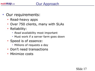 Slide 17
Our Approach
• Our requirements:
• Read-heavy apps
• Over 750 clients, many with SLAs
• Reliability:
• Read availability most important
• Must work if a server farm goes down
• Speed is of essence:
• Millions of requests a day
• Don’t need transactions
• Minimize costs
 