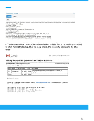  
 
4. This is the email that comes to us when the backup is done. This is the email that comes to
us when making the backup. Here we see 2 emails, one successful backup and the other
failed
 
 
 
60 
 