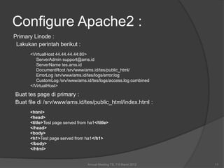 Configure Apache2 :
Primary Linode :
 Lakukan perintah berikut :
      <VirtualHost 44.44.44.44:80>
         ServerAdmin support@ams.id
         ServerName tes.ams.id
         DocumentRoot /srv/www/ams.id/tes/public_html/
         ErrorLog /srv/www/ams.id/tes/logs/error.log
         CustomLog /srv/www/ams.id/tes/logs/access.log combined
      </VirtualHost>

Buat tes page di primary :
Buat file di /srv/www/ams.id/tes/public_html/index.html :
      <html>
      <head>
      <title>Test page served from ha1</title>
      </head>
      <body>
      <h1>Test page served from ha1</h1>
      </body>
      </html>


                                   Annual Meeting TS, 7-9 Maret 2012   11
 