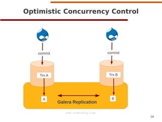 29
www.codership.com
Galera Replication
A
Optimistic Concurrency Control
commit
Trx A
B
commit
Trx B
 