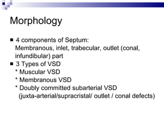 Morphology 4 components of Septum:  Membranous, inlet, trabecular, outlet (conal, infundibular) part  3 Types of VSD * Muscular VSD  * Membranous VSD  * Doubly committed subarterial VSD (juxta-arterial/supracristal/ outlet / conal defects)  