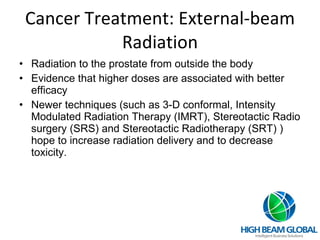 Cancer Treatment: External-beam Radiation Radiation to the prostate from outside the body Evidence that higher doses are associated with better efficacy Newer techniques (such as 3-D conformal, Intensity Modulated Radiation Therapy (IMRT), Stereotactic Radio surgery (SRS) and Stereotactic Radiotherapy (SRT) ) hope to increase radiation delivery and to decrease toxicity. 