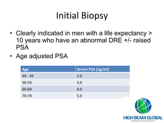 Initial Biopsy Clearly indicated in men with a life expectancy > 10 years who have an abnormal DRE +/- raised PSA Age adjusted PSA Age Seram PSA (ng/ml) 40 - 49 2.0 50-59 3.0 60-69 4.0 70-79 5.0 