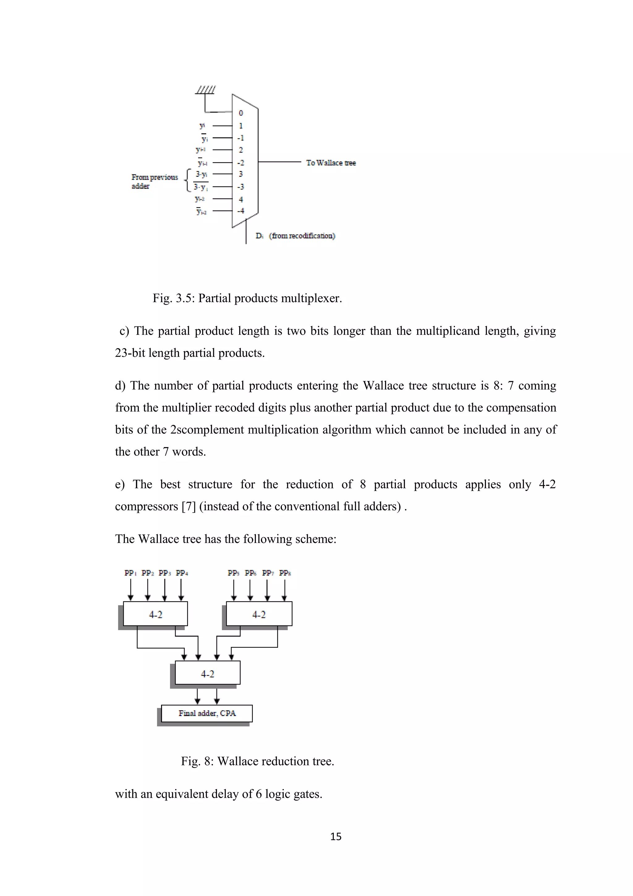 Fig. 3.5: Partial products multiplexer.

c) The partial product length is two bits longer than the multiplicand length, giving
23-bit length partial products.

d) The number of partial products entering the Wallace tree structure is 8: 7 coming
from the multiplier recoded digits plus another partial product due to the compensation
bits of the 2scomplement multiplication algorithm which cannot be included in any of
the other 7 words.

e) The best structure for the reduction of 8 partial products applies only 4-2
compressors [7] (instead of the conventional full adders) .

The Wallace tree has the following scheme:




             Fig. 8: Wallace reduction tree.

with an equivalent delay of 6 logic gates.


                                             15
 