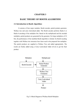 CHAPTER 3

           BASIC THEORY OF BOOTH ALGORITHM

3.1 Introduction to Booth Algorithm:

       It consists of four major modules: Booth encoder, partial product generator,
Wallace tree and carry look-ahead adder. The Booth encoder performs Radix-2 or
Radix-4 encoding of the multiplier bits. Based on the multiplicand and the encoded
multiplier, partial products are generated by the generator. For large multipliers of 32
bits, the performance of the modified Booth algorithm is limited. So Booth recoding
together with Wallace tree structures have been used in the proposed fast multiplier.
The partial products are supplied to Wallace Tree and added appropriately. The
results are finally added using a Carry Look-ahead Adder (CLA) to get the final
product.




                     Fig 3.1 Block Diagram of Wallace Booth Multiplier

                                          10
 
