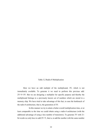 Table 3.2 Radix-8 Multiplication



       Here we have an odd multiple of the multiplicand, 3Y, which is not
immediately available. To generate it we need to perform this previous add:
2Y+Y=3Y. But we are designing a multiplier for specific purpose and thereby the
multiplicand belongs to a previously known set of numbers which are stored in a
memory chip. We have tried to take advantage of this fact, to ease the bottleneck of
the radix-8 architecture, that is, the generation of 3Y.
               In this manner we try to attain a better overall multiplication time, or at
least comparable to the time we could obtain using a radix-4 architecture (with the
additional advantage of using a less number of transistors). To generate 3Y with 21-
bit words we only have to add 2Y+Y, that is, to add the number with the same number



                                            12
 