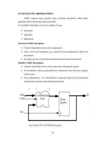 5.3 LEVELS OF ABSTRACTION:
       VHDL supports many possible styles of design description, which differ
primarily in how closely they relate to the HW.
It is possible to describe a circuit in a number of ways.

    Structural.

    Data flow.

    Behavioral.

Structural VHDL description:

   •   Circuit is described in terms of its components.
   •   From a low-level description (e.g., transistor-level description)to a high level
       description.
   •   For large circuits, a low-level description quickly becomes impractical.
Dataflow VHDL Description:
   •   Circuit is described in terms of how data moves through the system.
   •   In the dataflow style you described how information flows between registers
       in the system.
   •   The combinational      of is described at a relatively high level, the placement
       and operation register is specified quite precisely.




             Fig 5.4.Data Flow Of VHDL Description


                                            25
 