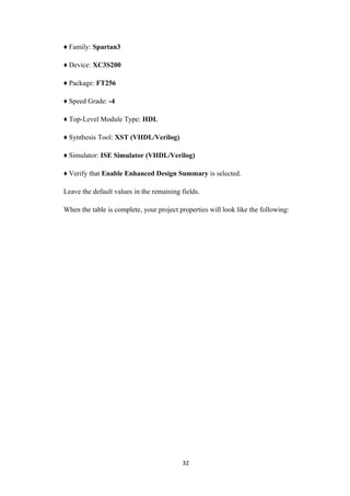 ♦ Family: Spartan3

♦ Device: XC3S200

♦ Package: FT256

♦ Speed Grade: -4

♦ Top-Level Module Type: HDL

♦ Synthesis Tool: XST (VHDL/Verilog)

♦ Simulator: ISE Simulator (VHDL/Verilog)

♦ Verify that Enable Enhanced Design Summary is selected.

Leave the default values in the remaining fields.

When the table is complete, your project properties will look like the following:




                                          32
 
