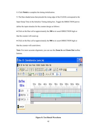 8. Click Finish to complete the timing initialization.

9. The blue shaded areas that precede the rising edge of the CLOCK correspond to the

Input Setup Time in the Initialize Timing dialog box. Toggle the DIRECTION port to

define the input stimulus for the counter design as follows:

♦ Click on the blue cell at approximately the 300 ns to assert DIRECTION high so

that the counter will count up.

♦ Click on the blue cell at approximately the 900 ns to assert DIRECTION high so

that the counter will count down.

Note: For more accurate alignment, you can use the Zoom In and Zoom Out toolbar
buttons.




                           Figure 8: Test Bench Waveform

                                           42
 