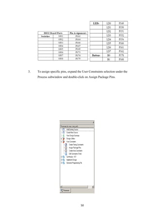 3.   To assign specific pins, expand the User Constraints selection under the
     Process subwindow and double-click on Assign Package Pins.




                                       50
 