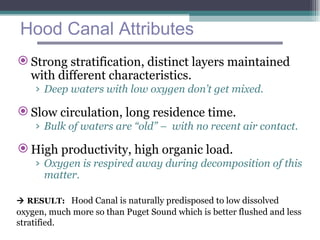 Hood Canal Attributes Strong stratification, distinct layers maintained with different characteristics. Deep waters with low oxygen don’t get mixed. Slow circulation, long residence time. Bulk of waters are “old” –  with no recent air contact. High productivity, high organic load. Oxygen is respired away during decomposition of this matter.    RESULT:   Hood Canal is naturally predisposed to low dissolved oxygen, much more so than Puget Sound which is better flushed and less stratified.  