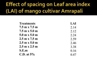 Treatments LAI
7.5 m x 7.5 m 2.14
7.5 m x 5.0 m 2.12
5.0 m x 5.0 m 2.24
2.5 m x 7.5 m 2.59
2.5 m x 5.0 m 2.46
2.5 m x 2.5 m 3.38
S.E.m 0.16
C.D. at 5% 0.47
 