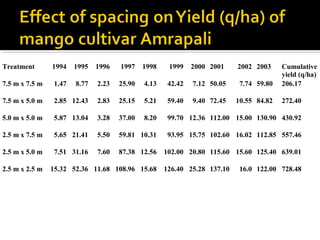 Treatment 1994 1995 1996 1997 1998 1999 2000 2001 2002 2003 Cumulative
yield (q/ha)
7.5 m x 7.5 m 1.47 8.77 2.23 25.90 4.13 42.42 7.12 50.05 7.74 59.80 206.17
7.5 m x 5.0 m 2.85 12.43 2.83 25.15 5.21 59.40 9.40 72.45 10.55 84.82 272.40
5.0 m x 5.0 m 5.87 13.04 3.28 37.00 8.20 99.70 12.36 112.00 15.00 130.90 430.92
2.5 m x 7.5 m 5.65 21.41 5.50 59.81 10.31 93.95 15.75 102.60 16.02 112.85 557.46
2.5 m x 5.0 m 7.51 31.16 7.60 87.38 12.56 102.00 20.80 115.60 15.60 125.40 639.01
2.5 m x 2.5 m 15.32 52.36 11.68 108.96 15.68 126.40 25.28 137.10 16.0 122.00 728.48
 
