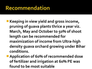  Keeping in view yield and gross income,
pruning of guava plants thrice a year viz.
March, May and October to 50% of shoot
length can be recommended for
maximization of income from Ultra-high
density guava orchard growing under Bihar
conditions.
 Application of 60% of recommended dose
of fertilizer and irrigation at 60% PE was
found to be most suitable
 