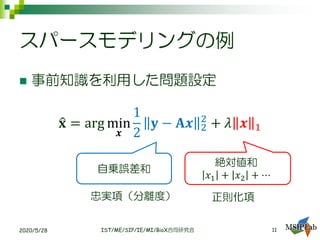 スパースモデリングの例
◼ 事前知識を利用した問題設定
ො𝐱 = arg min
𝒙
1
2
𝐲 − 𝐀𝒙 2
2
+ 𝜆 𝒙 1
2020/5/28 IST/ME/SIP/IE/MI/BioX合同研究会
絶対値和
𝑥1 + 𝑥2 + ⋯
自乗誤差和
正則化項忠実項（分離度）
11
 