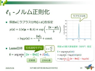 ℓ1 -ノルム正則化
◼ 係数𝐬にラプラス分布(i.i.d.)を仮定
𝑝 𝐬 = 𝐿 𝐯 𝛍 = 𝟎, 𝑏 ∝ exp −
𝐬 − 𝛍 1
𝑏
∴ log 𝑝 𝐬 = −
𝐬 1
𝑏
+ const.
◼ Lasso回帰
ො𝐬 = arg min
𝐬
1
2
𝐯 − 𝐃𝐬 2
2
+ 𝜆 𝐬 1
2020/5/28 IST/ME/SIP/IE/MI/BioX合同研究会
𝜆 =
𝜎 𝑤
2
𝑏
正則化項忠実項
軸上
ラプラス分布
23
生成過程モデル
係数 𝐬の最大事後確率（MAP）推定
ො𝐬 = arg max
𝐬
𝑝 𝐬 𝐯
= arg min
𝐬
− log 𝑝 𝐯 𝐬 𝑝 𝐬
= arg min
𝐬
1
2𝜎 𝑤
2 𝐯 − 𝐃𝐬 2
2
− log 𝑝 𝐬
 