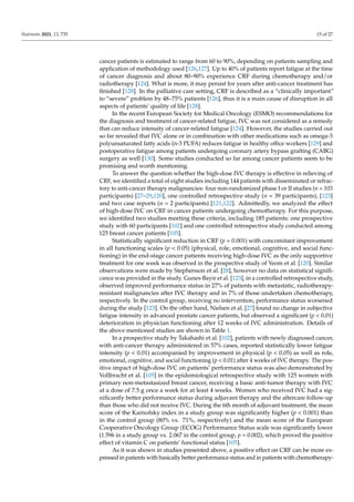 Nutrients 2021, 13, 735 15 of 27
cancer patients is estimated to range from 60 to 90%, depending on patients sampling and
application of methodology used [126,127]. Up to 40% of patients report fatigue at the time
of cancer diagnosis and about 80–90% experience CRF during chemotherapy and/or
radiotherapy [124]. What is more, it may persist for years after anti-cancer treatment has
finished [128]. In the palliative care setting, CRF is described as a “clinically important”
to “severe” problem by 48–75% patients [126], thus it is a main cause of disruption in all
aspects of patients’ quality of life [128].
In the recent European Society for Medical Oncology (ESMO) recommendations for
the diagnosis and treatment of cancer-related fatigue, IVC was not considered as a remedy
that can reduce intensity of cancer-related fatigue [124]. However, the studies carried out
so far revealed that IVC alone or in combination with other medications such as omega-3
polyunsaturated fatty acids (n-3 PUFA) reduces fatigue in healthy office workers [129] and
postoperative fatigue among patients undergoing coronary artery bypass grafting (CABG)
surgery as well [130]. Some studies conducted so far among cancer patients seem to be
promising and worth mentioning.
To answer the question whether the high-dose IVC therapy is effective in relieving of
CRF, we identified a total of eight studies including 144 patients with disseminated or refrac-
tory to anti-cancer therapy malignancies: four non-randomized phase I or II studies (n = 103
participants) [27–29,120], one controlled retrospective study (n = 39 participants), [123]
and two case reports (n = 2 participants) [121,122]. Admittedly, we analyzed the effect
of high-dose IVC on CRF in cancer patients undergoing chemotherapy. For this purpose,
we identified two studies meeting these criteria, including 185 patients: one prospective
study with 60 participants [102] and one controlled retrospective study conducted among
125 breast cancer patients [105].
Statistically significant reduction in CRF (p = 0.001) with concomitant improvement
in all functioning scales (p  0.05) (physical, role, emotional, cognitive, and social func-
tioning) in the end-stage cancer patients receiving high-dose IVC as the only supportive
treatment for one week was observed in the prospective study of Yeom et al. [120]. Similar
observations were made by Stephenson et al. [28], however no data on statistical signifi-
cance was provided in the study. Gunes-Bayir et al. [123], in a controlled retrospective study,
observed improved performance status in 27% of patients with metastatic, radiotherapy-
resistant malignancies after IVC therapy and in 7% of those undertaken chemotherapy,
respectively. In the control group, receiving no intervention, performance status worsened
during the study [123]. On the other hand, Nielsen et al. [27] found no change in subjective
fatigue intensity in advanced prostate cancer patients, but observed a significant (p  0.01)
deterioration in physician functioning after 12 weeks of IVC administration. Details of
the above mentioned studies are shown in Table 1.
In a prospective study by Takahashi et al. [102], patients with newly diagnosed cancer,
with anti-cancer therapy administered in 57% cases, reported statistically lower fatigue
intensity (p  0.01) accompanied by improvement in physical (p  0.05) as well as role,
emotional, cognitive, and social functioning (p  0.01) after 4 weeks of IVC therapy. The pos-
itive impact of high-dose IVC on patients’ performance status was also demonstrated by
Vollbracht et al. [105] in the epidemiological retrospective study with 125 women with
primary non-metastasized breast cancer, receiving a basic anti-tumor therapy with IVC
at a dose of 7.5 g once a week for at least 4 weeks. Women who received IVC had a sig-
nificantly better performance status during adjuvant therapy and the aftercare follow-up
than those who did not receive IVC. During the 6th month of adjuvant treatment, the mean
score of the Karnofsky index in a study group was significantly higher (p  0.001) than
in the control group (80% vs. 71%, respectively) and the mean score of the European
Cooperative Oncology Group (ECOG) Performance Status scale was significantly lower
(1.596 in a study group vs. 2.067 in the control group, p = 0.002), which proved the positive
effect of vitamin C on patients’ functional status [105].
As it was shown in studies presented above, a positive effect on CRF can be more ex-
pressed in patients with basically better performance status and in patients with chemotherapy-
 