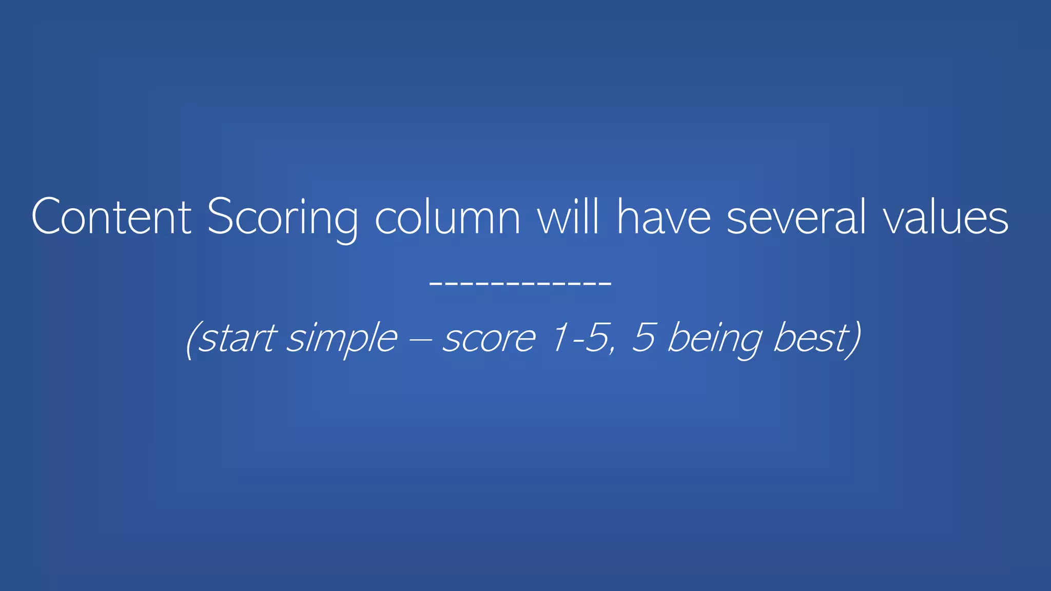 Content Scoring column will have several values
------------
(start simple – score 1-5, 5 being best)
 