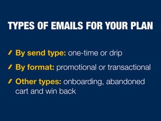TYPES OF EMAILS FOR YOUR PLAN
By send type: one-time or drip
By format: promotional or transactional
Other types: onboarding, abandoned
cart and win back
 