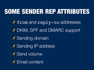 SOME SENDER REP ATTRIBUTES
from and reply-to addresses
DKIM, SPF and DMARC support
Sending domain
Sending IP address
Send volume
Email content
 