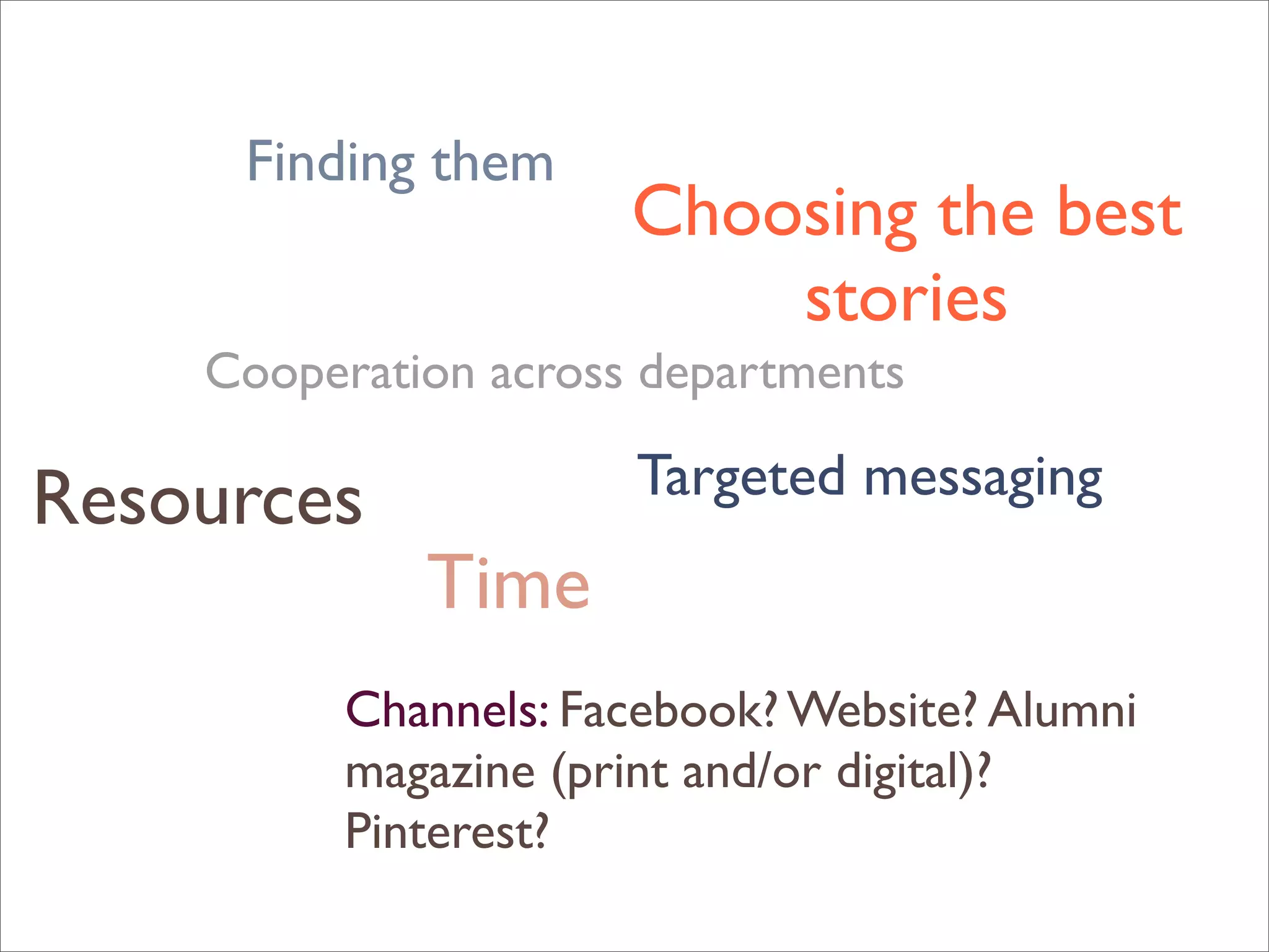 Time
Resources Targeted messaging
Channels: Facebook? Website? Alumni
magazine (print and/or digital)?
Pinterest?
Choosing the best
stories
Finding them
Cooperation across departments
 