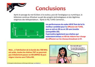 Après le passage du noir & blanc à la couleur, puis de l’analogique au numérique, la
télévision continue d’évoluer au gré des progrès technologiques et des légitimes
exigences des téléspectateurs. Après la HD, l’UHD s’annonce…
Les performances du codec HEVC font de lui le
meilleur candidat pour la diffusion de l’UHD,
que ce soit en 2D ou en 3D sans lunette
(compatible 2D).
Il permettra également aux chaînes qui
resteraient émises en HD de réduire leur charge
de diffusion sur les réseaux broadcast et IP.
Mais , si l’attribution de la bande des 700 MHz
est actée, toutes les chaînes TNT ne pourront
pas initialement passer en HD (MPEG-4) puis
migrer à terme vers l’Ultra HD.
© Christophe Cornillet (Directeur du Pôle Experts NRJ Group) ccornillet@nrj.fr
 