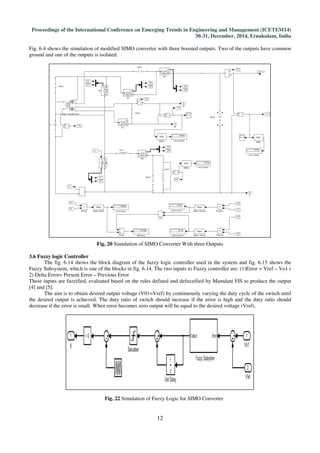 Proceedings of the International Conference on Emerging Trends in Engineering and Management (ICETEM14)
30-31, December, 2014, Ernakulam, India
12
Fig. 6.4 shows the simulation of modified SIMO converter with three boosted outputs. Two of the outputs have common
ground and one of the outputs is isolated.
Fig. 20 Simulation of SIMO Converter With three Outputs
3.6 Fuzzy logic Controller
The fig. 6.14 shows the block diagram of the fuzzy logic controller used in the system and fig. 6.15 shows the
Fuzzy Subsystem, which is one of the blocks in fig. 6.14. The two inputs to Fuzzy controller are: (1)Error = Vref – Vo1 (
2) Delta Error= Present Error – Previous Error
These inputs are fuzzified, evaluated based on the rules defined and defuzzified by Mamdani FIS to produce the output
[4] and [5].
The aim is to obtain desired output voltage (V01=Vref) by continuously varying the duty cycle of the switch until
the desired output is achieved. The duty ratio of switch should increase if the error is high and the duty ratio should
decrease if the error is small. When error becomes zero output will be equal to the desired voltage (Vref).
Fig. 22 Simulation of Fuzzy Logic for SIMO Converter
 