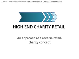 HIGH END CHARITY RETAIL
An approach at a reverse retail-
charity concept
CONCEPT AND PRESENTATION BY: SHAFIYA RIZWAN, UNITED ARAB EMIRATES
 