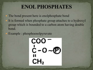  The bond present here is enolphosphate bond
 It is formed when phosphate group attaches to a hydroxyl
group which is bounded to a carbon atom having double
bond.
 Example : phosphoenolpyruvate
 