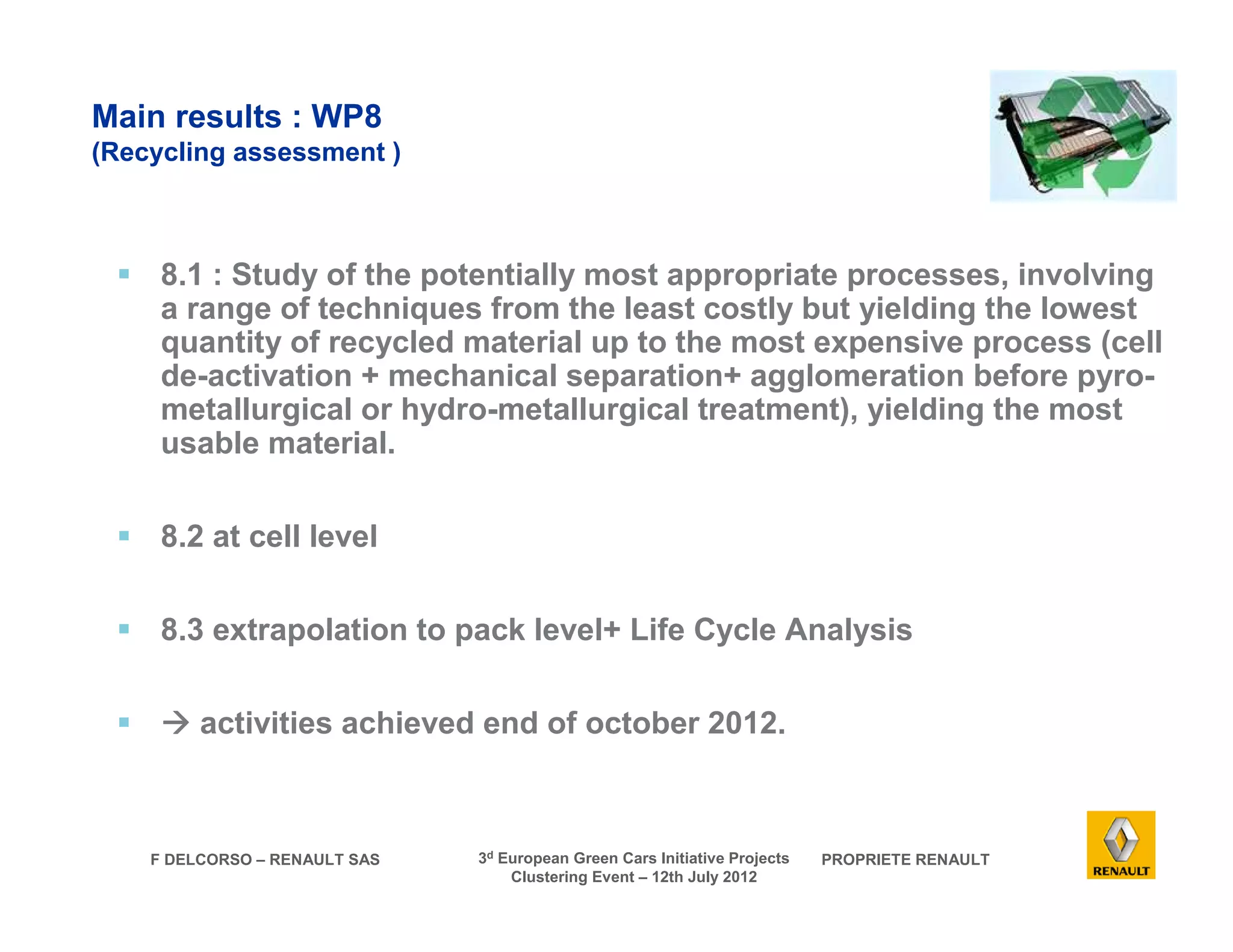 F DELCORSO – RENAULT SAS 3d European Green Cars Initiative Projects PROPRIETE RENAULT 
Clustering Event – 12th July 2012 
Main results : WP8 
(Recycling assessment ) 
 8.1 : Study of the potentially most appropriate processes, involving 
a range of techniques from the least costly but yielding the lowest 
quantity of recycled material up to the most expensive process (cell 
de-activation + mechanical separation+ agglomeration before pyro-metallurgical 
or hydro-metallurgical treatment), yielding the most 
usable material. 
 8.2 at cell level 
 8.3 extrapolation to pack level+ Life Cycle Analysis 
  activities achieved end of october 2012. 
 