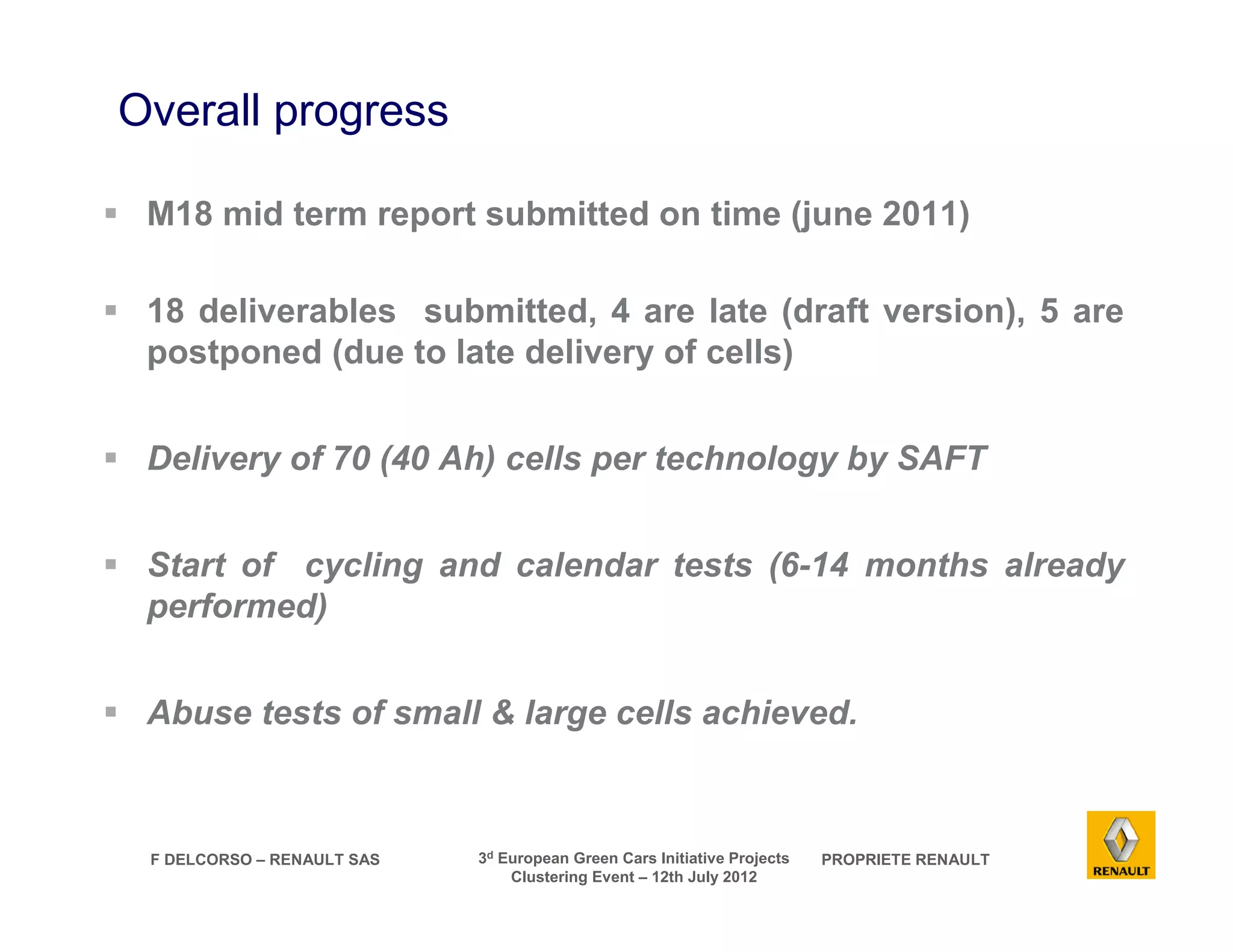 F DELCORSO – RENAULT SAS 3d European Green Cars Initiative Projects PROPRIETE RENAULT 
Clustering Event – 12th July 2012 
Overall progress 
 M18 mid term report submitted on time (june 2011) 
 18 deliverables submitted, 4 are late (draft version), 5 are 
postponed (due to late delivery of cells) 
 Delivery of 70 (40 Ah) cells per technology by SAFT 
 Start of cycling and calendar tests (6-14 months already 
performed) 
 Abuse tests of small  large cells achieved. 
 