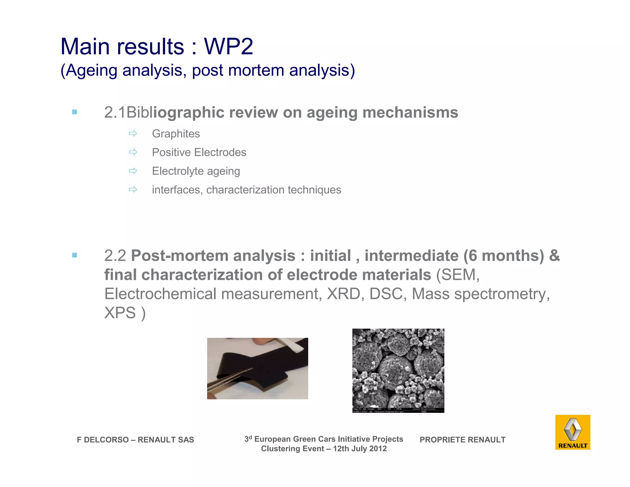Main results : WP2 
(Ageing analysis, post mortem analysis) 
 2.1Bibliographic review on ageing mechanisms 
 Graphites 
 Positive Electrodes 
 Electrolyte ageing 
 interfaces, characterization techniques 
 2.2 Post-mortem analysis : initial , intermediate (6 months)  
final characterization of electrode materials (SEM, 
Electrochemical measurement, XRD, DSC, Mass spectrometry, 
XPS ) 
F DELCORSO – RENAULT SAS 3d European Green Cars Initiative Projects PROPRIETE RENAULT 
Clustering Event – 12th July 2012 
 