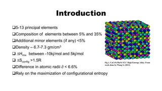 Introduction
5-13 principal elements
Composition of elements between 5% and 35%
Additional minor elements (if any) <5%
Density – 6.7-7.3 gm/cm3
 ∆Hmix between -10kj/mol and 5kj/mol
 ∆Sconfig >1.5R
Difference in atomic radii ∂ < 6.6%
Rely on the maximization of configurational entropy
Fig 1. CoCrFeMnNi FCC High Entropy Alloy. From
work done by Wang S. (2012)
 