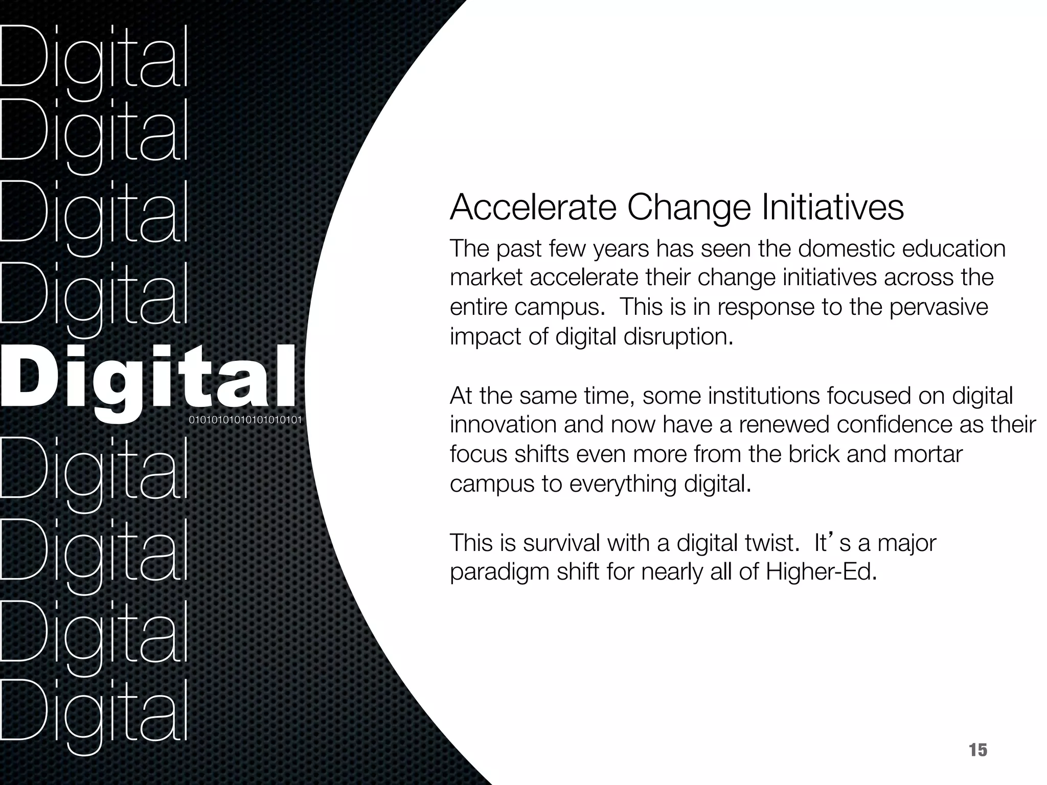 36.8%
9.2%
Digital
Digital
Digital
Digital
Digital
Digital
Digital
Digital
Digital
Accelerate Change Initiatives


The past few years has seen the domestic education
market accelerate their change initiatives across the
entire campus. This is in response to the pervasive
impact of digital disruption. 

At the same time, some institutions focused on digital
innovation and now have a renewed conﬁdence as their
focus shifts even more from the brick and mortar
campus to everything digital. 

This is survival with a digital twist. It’s a major
paradigm shift for nearly all of Higher-Ed.



01010101010101010101
15
 