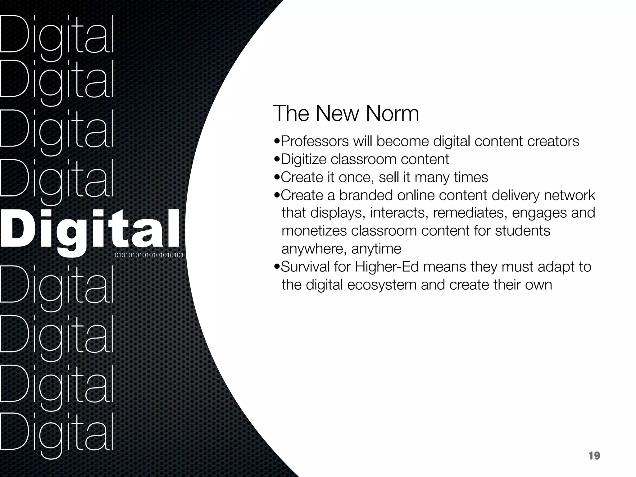 36.8%
40.8%
9.2%
Digital
Digital
Digital
Digital
Digital
Digital
Digital
Digital
Digital

• Professors will become digital content creators 
• Digitize classroom content 
• Create it once, sell it many times 
• Create a branded online content delivery network 
that displays, interacts, remediates, engages and 
monetizes classroom content for students 
anywhere, anytime
• Survival for Higher-Ed means they must adapt to 
the digital ecosystem and create their own

The New Norm


01010101010101010101
19
 