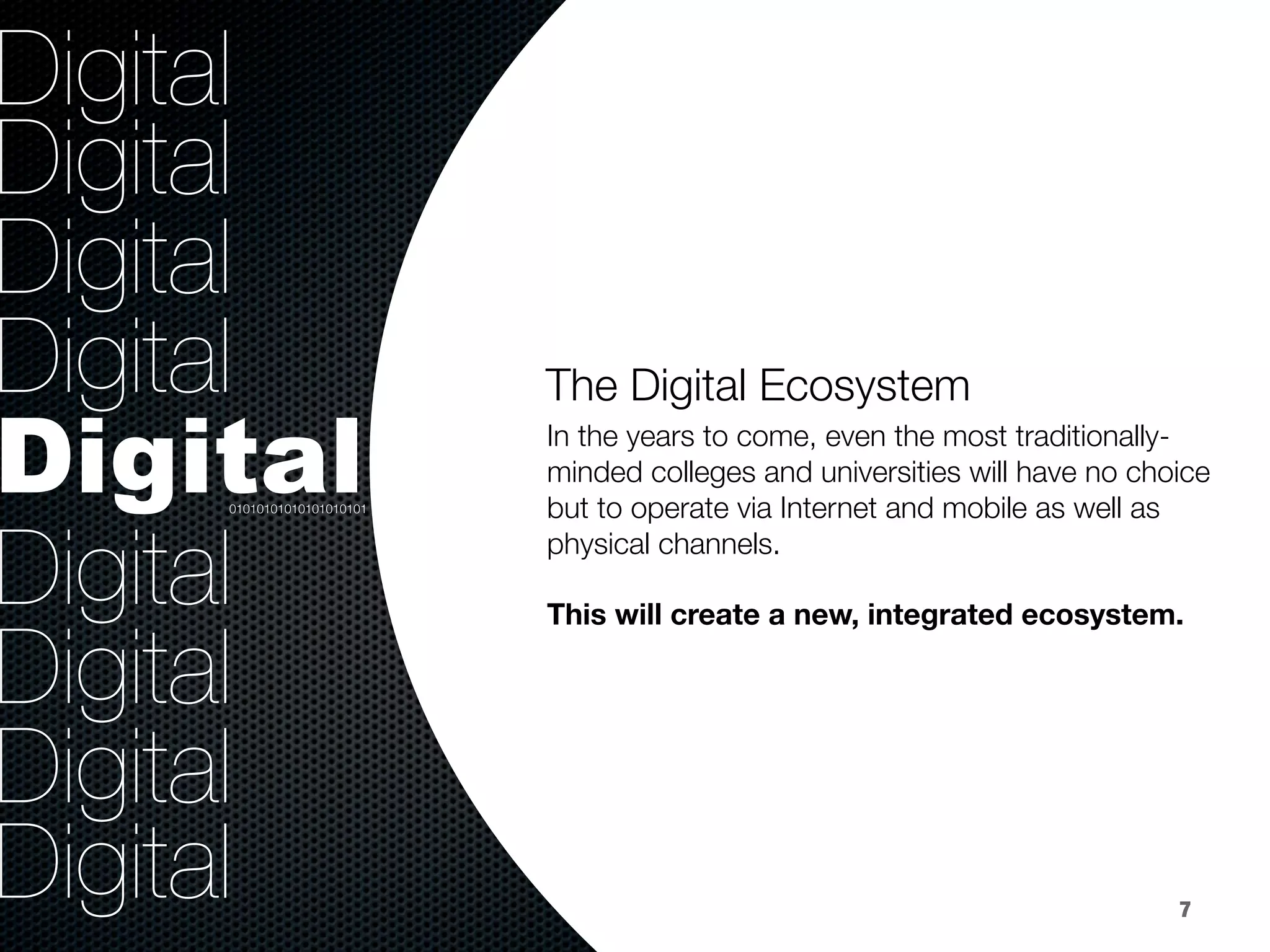 9.2%
Digital
Digital
Digital
Digital
Digital
Digital
Digital
Digital
Digital
The Digital Ecosystem 


In the years to come, even the most traditionally-
minded colleges and universities will have no choice
but to operate via Internet and mobile as well as
physical channels.

This will create a new, integrated ecosystem.

01010101010101010101
7
 