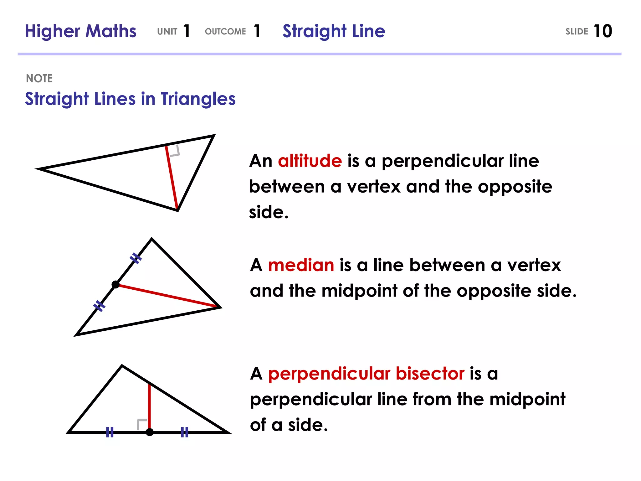 Straight Lines in Triangles NOTE An  altitude  is a perpendicular line between a vertex and the opposite side. A  median  is a line between a vertex and the midpoint of the opposite side. = = A  perpendicular bisector  is a perpendicular line from the midpoint of a side. Higher Maths  1  1  Straight Line UNIT OUTCOME SLIDE = = 
